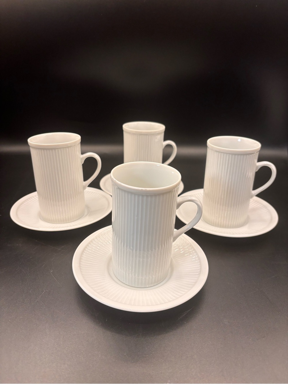 Vintage Fitz and Floyd White Classic Coffee Cups Saucers Ribbed Tall Set of 4